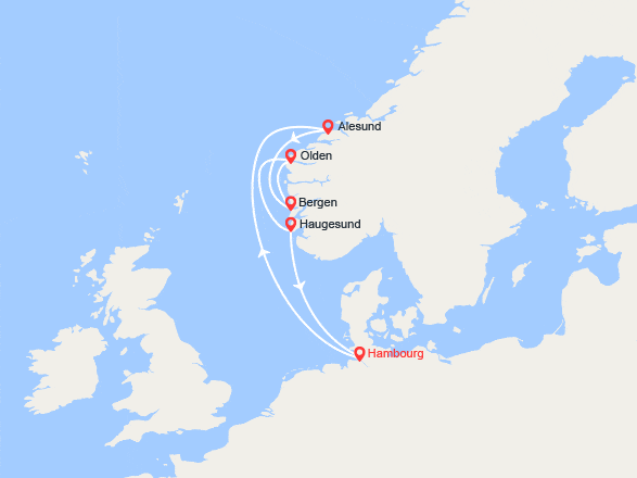 itinéraire croisière Fjords : Norvège : Alesund, Bergen, Olden, Haugesund