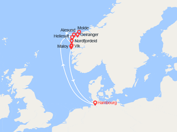 itin&eacute;raire croisi&egrave;re Fjords : Norvège : Alesund, Geiranger, Molde, Nordfjordeid, Maloy, Vik 
