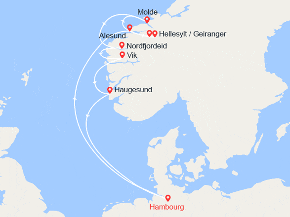 itin&eacute;raire croisi&egrave;re Fjords : Norvège : Alesund, Geiranger, Molde, Nordfjordeid, Vik, Haugesund 