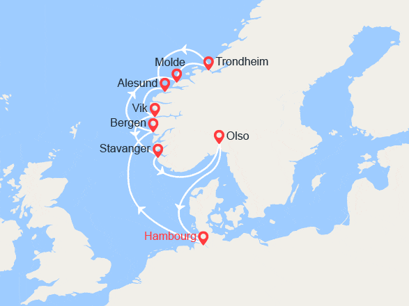 itinéraire croisière Fjords : Norvège : Bergen, Molde, Alesund, Stavanger