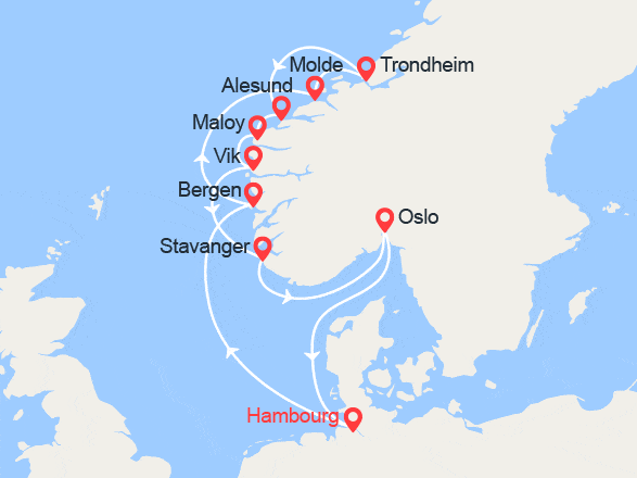 itinéraire croisière Fjords : Norvège : Bergen, Molde, Trondheim, Alesund...