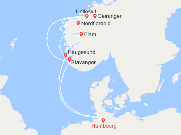itin&eacute;raire croisi&egrave;re Fjords : Norvège : Haugesund, Flam, Nordfjordeid, Geiranger, Stavanger 