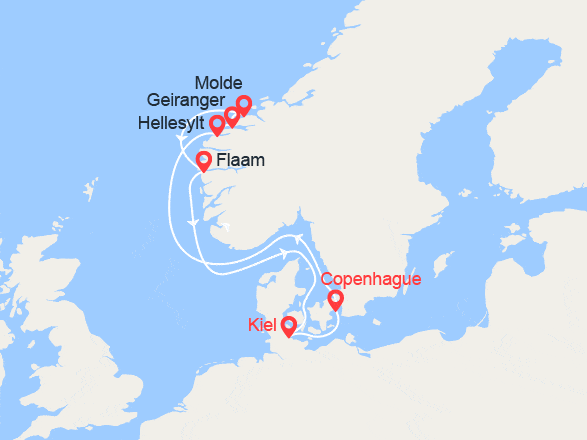 itinéraire croisière Fjords : Norvège : Hellesylt; Geiranger, Molde, Flam