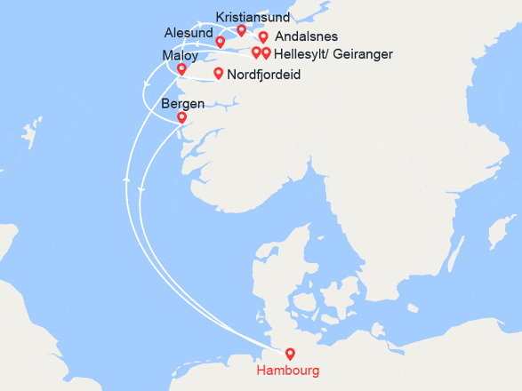 itin&eacute;raire croisi&egrave;re Fjords : Norvège : Maloy, Kristiansund, Andalsnes, Alesund, Bergen 