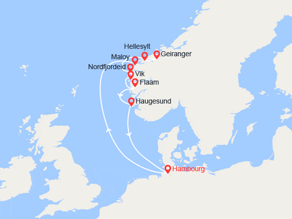 itin&eacute;raire croisi&egrave;re Fjords : Norvège : Maloy, Nordfjordeid, Vik, Flam, Haugesund 