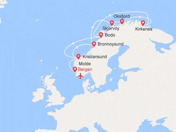itinéraire croisière Europe du Nord : Norvège: Bergen, Molde, Kirkenes, Trondheim - Vols inclus - Vols inclus