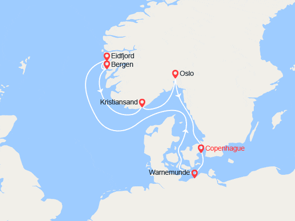 itin&eacute;raire croisi&egrave;re Fjords : Norvège: Eidfjord, Bergen, Kristiansand, Oslo 