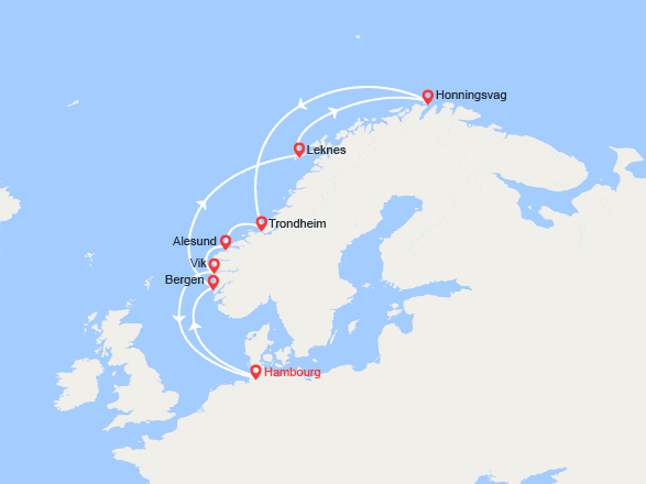 itinéraire croisière Fjords : Norvège, îles Lofoten, Cap Nord