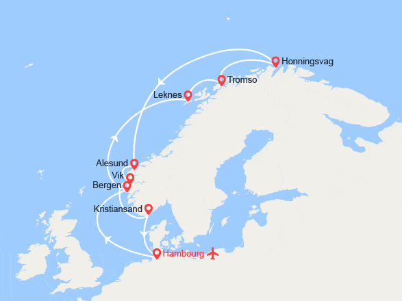 itinéraire croisière Fjords : Norvège, Iles Lofoten, Cap Nord II Vols inclus