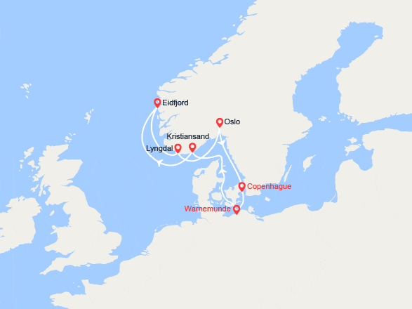 itinéraire croisière Fjords : Norvège: Kristiansand, Eidfjord, Lyngdal, Oslo