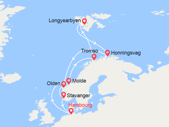 itinéraire croisière Fjords : Norvège, Spitzberg, Cap Nord