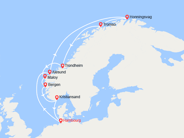 itinéraire croisière Fjords : Norvège et Cap Nord