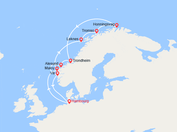 itinéraire croisière Fjords : Norvège et Cap Nord 