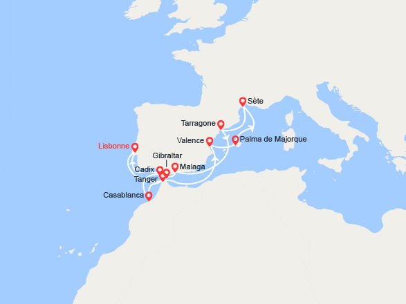 itin&eacute;raire croisi&egrave;re Méditerranée Occidentale : Odyssée Méditerranéenne : Espagne, Portugal et Maroc 