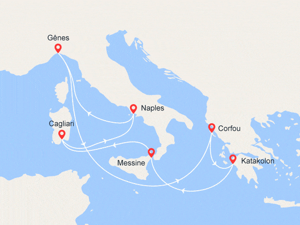 itinéraire croisière Méditerranée - Iles grecques : Olympie, Corfou, Sicile, Sardaigne, Naples
