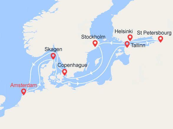 itinéraire croisière Europe du Nord : Pays-Bas, Danemark, Estonie, Russie, Finlande, Suède