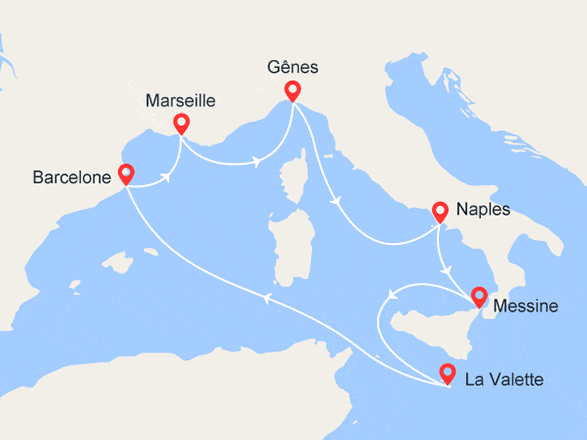 itinéraire croisière Méditerranée : Perles de la Méditerranée : Italie, Sicile, Malte, Espagne