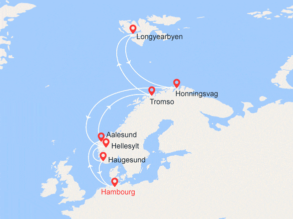 itinéraire croisière Fjords : Perles de la Norvège, Cap Nord et Spitzberg