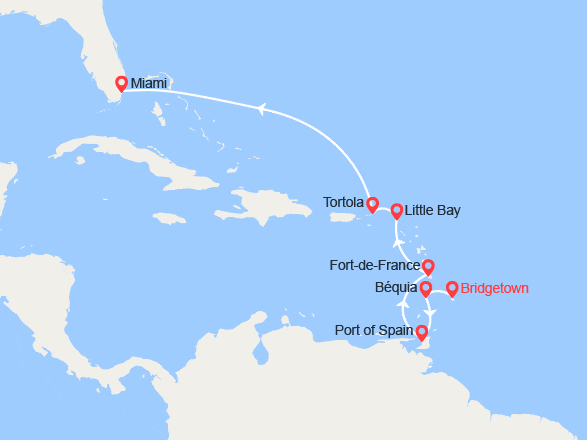 itinéraire croisière Caraïbes et Antilles : Port-d'Espagne, Bequia, Fort-de-France, Little Bay, Road Town