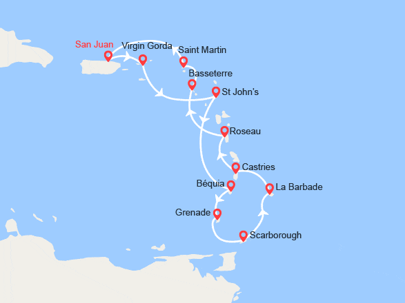 itinéraire croisière Caraïbes et Antilles : Porto Rico, îles Vierges , Antigua, Martinique, Grenade, Trinité et Tobago…