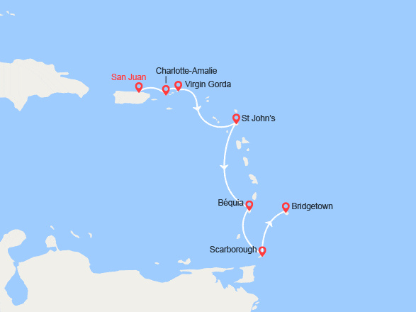 itinéraire croisière Caraïbes et Antilles : Porto Rico, îles Vierges, Antigua, Martinique, St Vincent et les Grenadines…