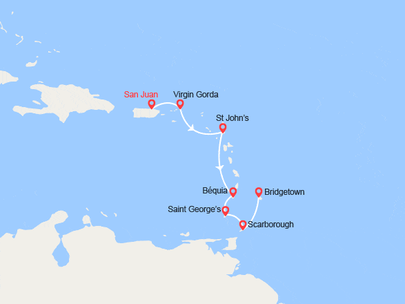 itinéraire croisière Caraïbes et Antilles : Porto Rico, îles Vierges, Antigua et Barbuda, Martinique, Grenade, Trinité et Tobago