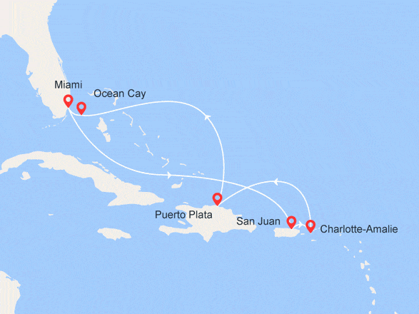 itinéraire croisière Caraïbes et Antilles : Porto Rico, Iles Vierges, Rép. Dominicaine, Bahamas
