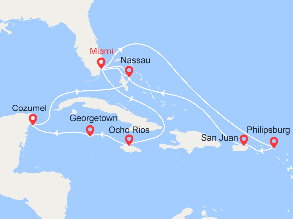 itinéraire croisière Caraïbes et Antilles : Porto Rico, St Thomas, Rép Dominicaine, Jamaïque, Iles Caïman, Mexique & MSC Ocean Cay