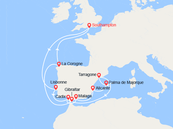 itin&eacute;raire croisi&egrave;re Méditerranée Occidentale : Portugal, Espagne, Baléares, Gibraltar 