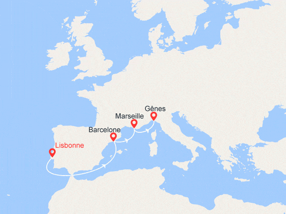 itinéraire croisière Méditerranée : Portugal, Espagne, France, Italie