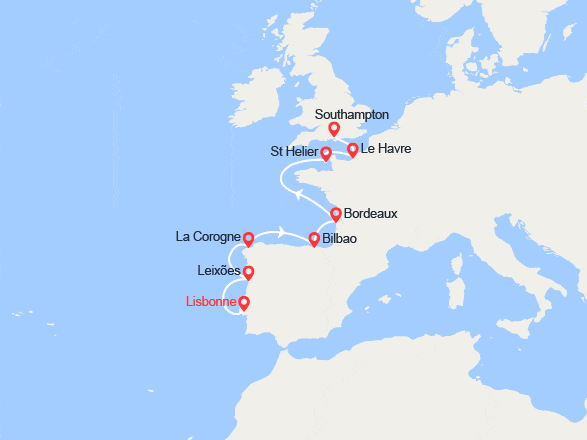 itin&eacute;raire croisi&egrave;re Méditerranée : Portugal, Espagne, France, Jersey 