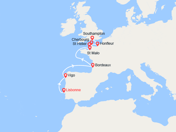 itinéraire croisière Méditerranée Occidentale : Portugal, Espagne, France, Royaume-Uni