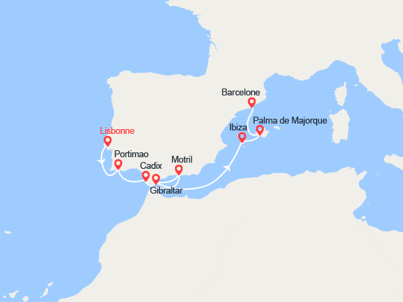 itin&eacute;raire croisi&egrave;re Méditerranée Occidentale : Portugal, Espagne, Gibraltar 