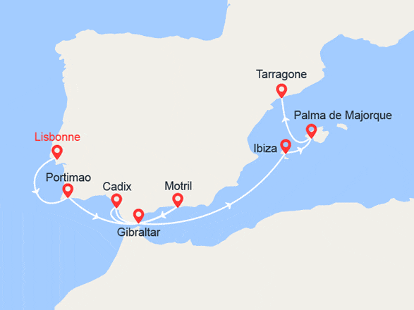 itin&eacute;raire croisi&egrave;re Méditerranée Occidentale : Portugal, Espagne, Gibraltar, Baléares 