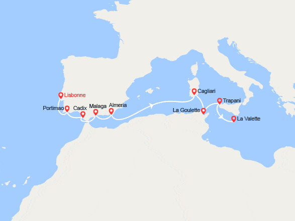 itin&eacute;raire croisi&egrave;re Méditerranée Occidentale : Portugal, Espagne, Italie,Tunisie, Malte 
