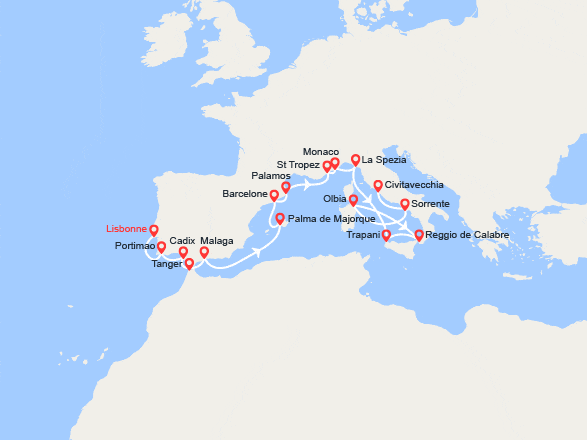 itin&eacute;raire croisi&egrave;re Méditerranée Occidentale : Portugal, Espagne, Maroc, France, Monaco, Italie 