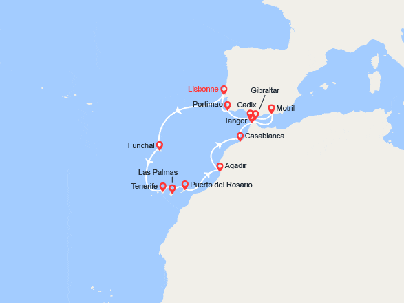 itin&eacute;raire croisi&egrave;re Méditerranée Orientale : Portugal, Espagne, Maroc, Gibraltar.. 