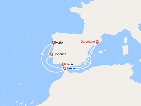 itinéraire croisière Méditerranée Occidentale : Portugal, Maroc, Espagne : Lisbonne, Porto, Tangier, Séville