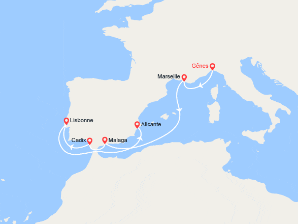 itinéraire croisière Méditerranée Occidentale : Provence, Espagne, Andalousie, Portugal