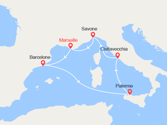 itinéraire croisière Méditerranée Occidentale : Provence, Espagne, Sicile, Italie