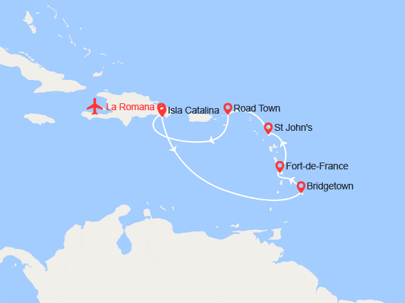 itin&eacute;raire croisi&egrave;re Caraïbes et Antilles : Rép. dominicaine, Barbade, Martinique, Antigua-et-Barbuda, Îles Vierges britanniques - Vols inclus 