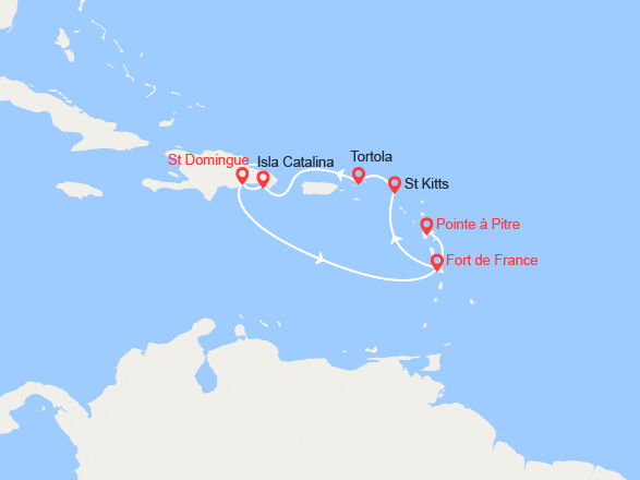 itinéraire croisière Caraïbes et Antilles : Rép. Dominicaine, Martinique, Guadeloupe, St Kitts, Antigua, Tortola 
