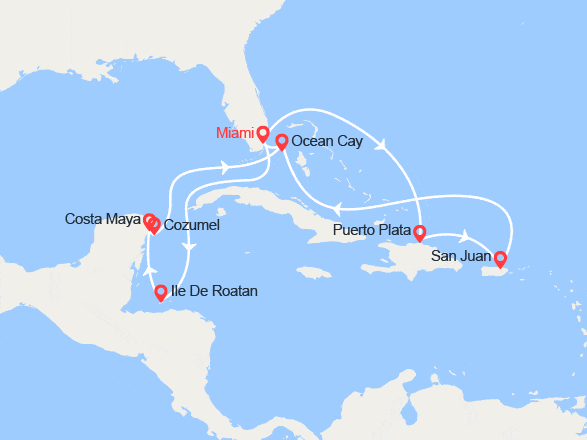 itinéraire croisière Caraïbes et Antilles : Rép. Dominicaine, Porto Rico, Bahamas, Honduras, Mexique