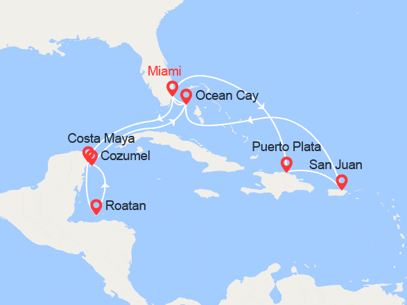 itinéraire croisière Caraïbes et Antilles : Rép. Dominicaine, Porto Rico, Bahamas, Mexique, Honduras