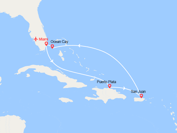itinéraire croisière Caraïbes et Antilles : Rép. Dominicaine, Porto Rico, Bahamas II Vols + 2 nuits en hôtel inclus
