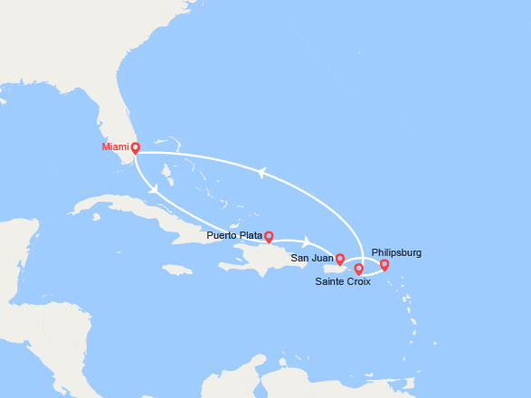 itinéraire croisière Caraïbes et Antilles : Rép. Dominicaine, Porto Rico, St Maarten, Iles Vierges 