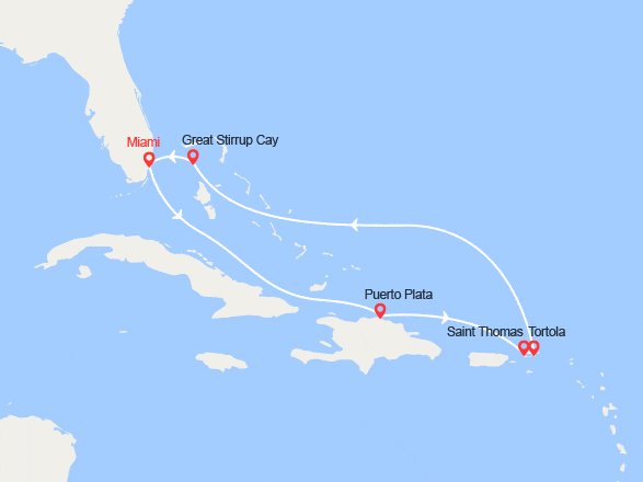 itinéraire croisière Caraïbes et Antilles : Rép. Dominicaine, Saint-Thomas, Tortola, Bahamas au départ de Miami 