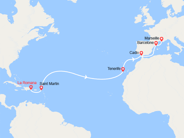 itinéraire croisière Transatlantique : Rép.Dominicaine, Antilles, Canaries, Espagne, France