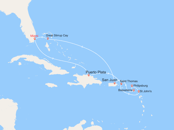 itinéraire croisière Caraïbes et Antilles : Rép Dominicaine, StThomas, Antigua, St Martin, St Kitts, Bahamas 