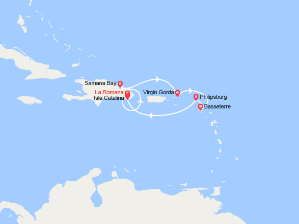 itin&eacute;raire croisi&egrave;re Caraïbes et Antilles : République dominicaine, Îles Vierges britanniques, Saint-Kitts-et-Nevis, Pays-Bas 